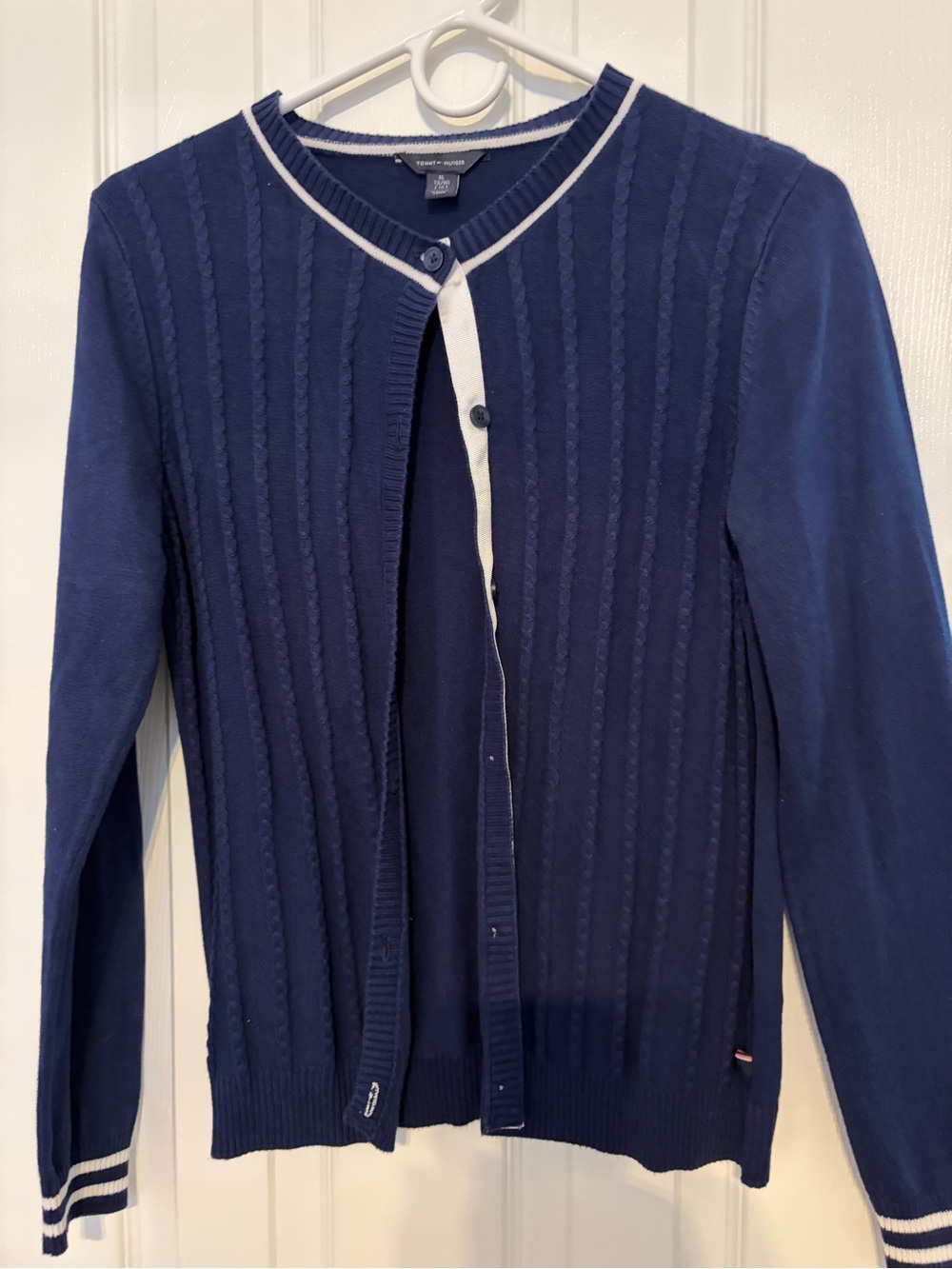 Tommy Hilfiger Navy Crewneck Cable Knit Cardigan with White Trim